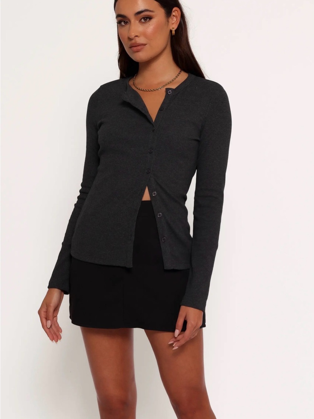 Petal & Pup Jessa Knit Button-Up Shirt in charcoal. size XS